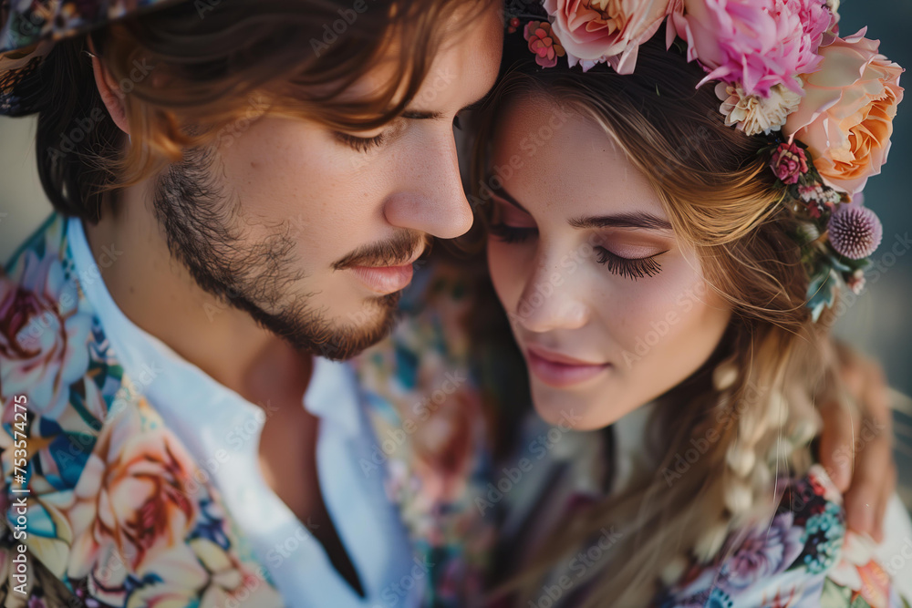 Groovy bachelorette wedding couple closeup in 70s style