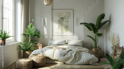 Interior design of bedroom decorated in beige colors, with home plants and sunlights.