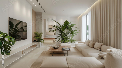 Interior design of large living room with big sofa  and table decorated in beige colors, with home plants and sunlights.