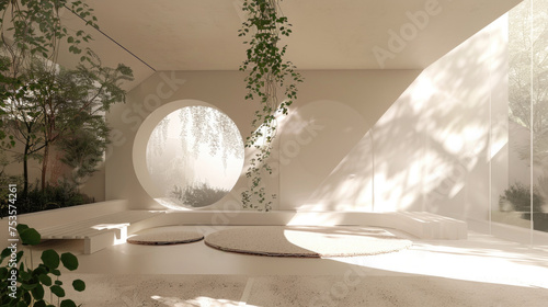 Interior design of large living room with round window decorated in beige colors, with home plants and sunlights.