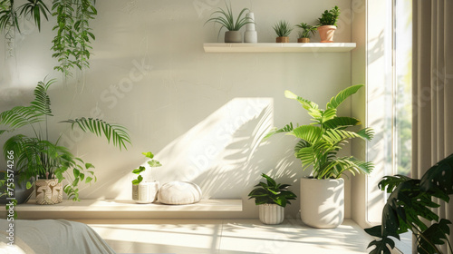 Interior design of large living room decorated in beige colors, with home plants and sunlights.