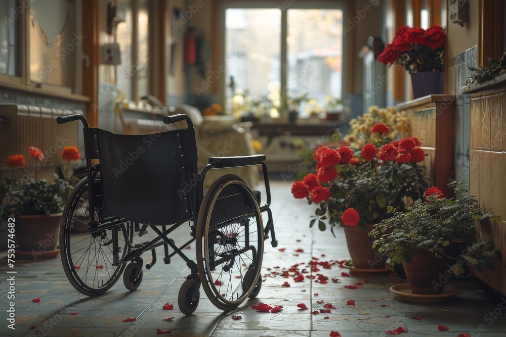 Striking image of an abandoned wheelchair amidst a lush display of indoor plants, symbolizing neglect or transience