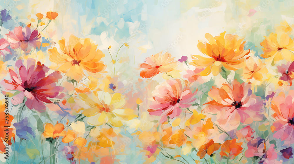 Lively watercolor background with colorful wildflowers in full bloom illustration - obrazy, fototapety, plakaty 