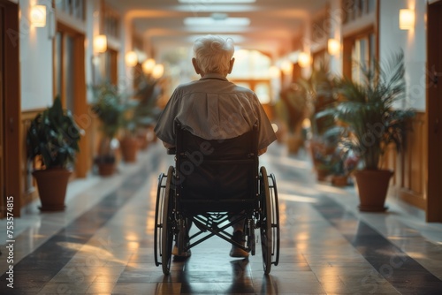 Image depicts a senior citizen in solitude sitting on a wheelchair in a long, empty hallway, evoking a sense of loneliness © familymedia
