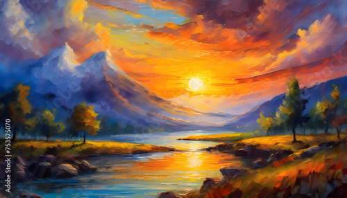 Sunset over mountains painting