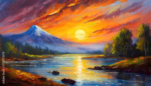 Sunset over mountains painting
