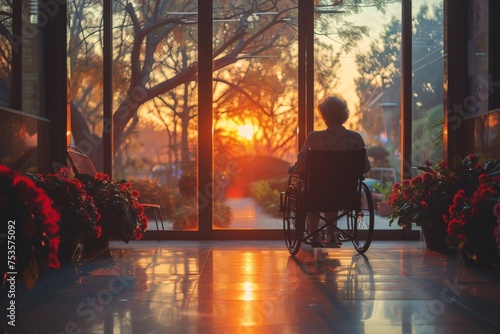A serene image capturing the warmth of a sunset viewed from inside, with a person in a wheelchair enjoying the view