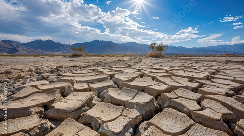 Dry desolate landscape with cracked soil.