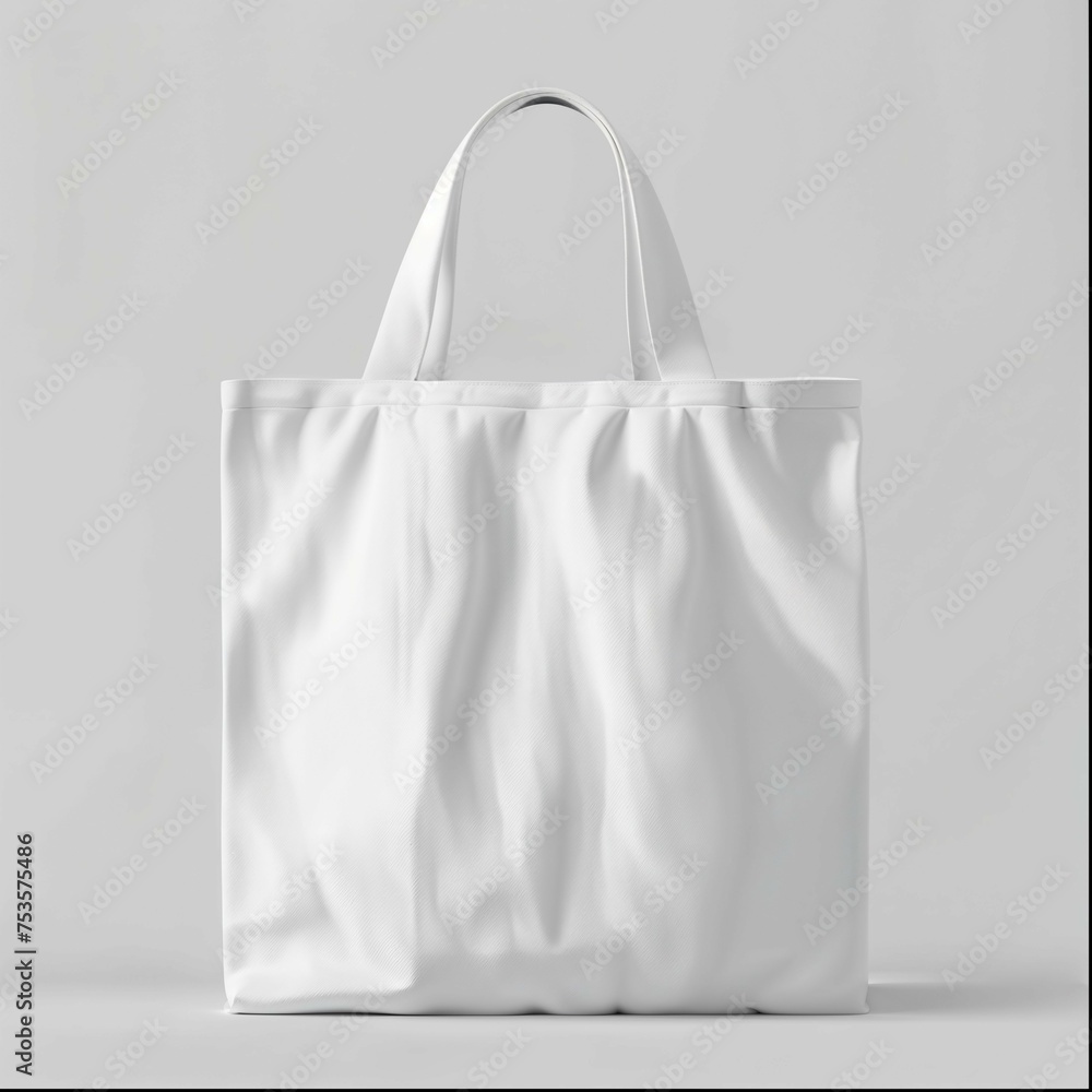 A plain white tote bag with a minimalist design stands upright against a grey background. The bag features a smooth texture with some slight creases that suggest a soft fabric material. Its handles A plain white tote bag with a minimalist design stands upright against a grey background. The bag features a smooth texture with some slight creases that suggest a soft fabric material. Its handles