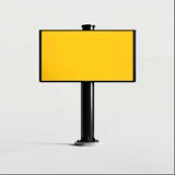 An eye-catching vertical billboard stands with a vibrant yellow backdrop framed in black, mounted on a sleek black pole with a flat base for stability. The blank yellow canvas suggests potential for a