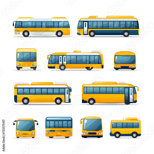 A set of yellow buses with different designs and sizes. Vector illustration