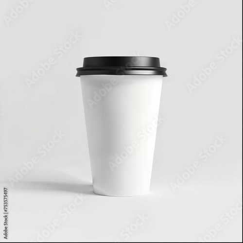 A white paper coffee cup with a black lid on a white background, photographed as a product shot with studio lighting in a minimalist style at high resolution, high detail and high quality