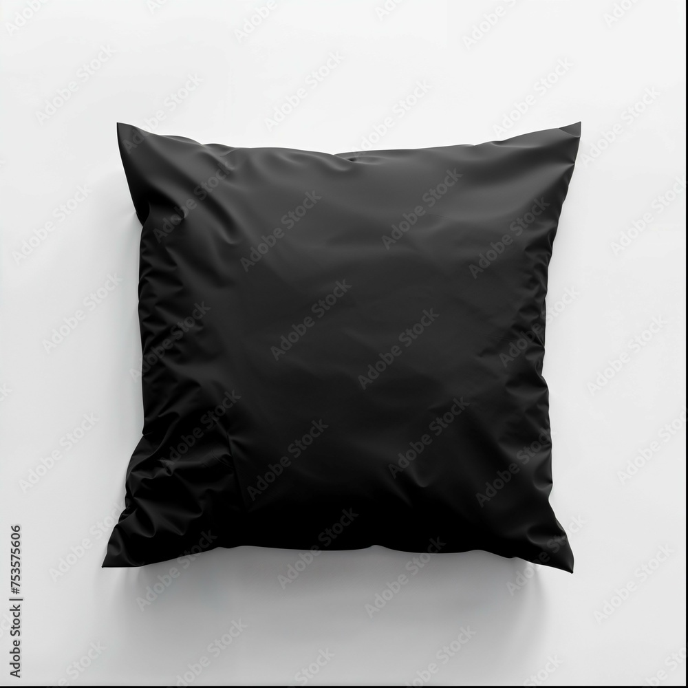 A sleek black square pillow is featured prominently against a stark white background. The pillow displays a smooth satin-like material with a subtle sheen, giving it a luxurious appearance. Its surfac