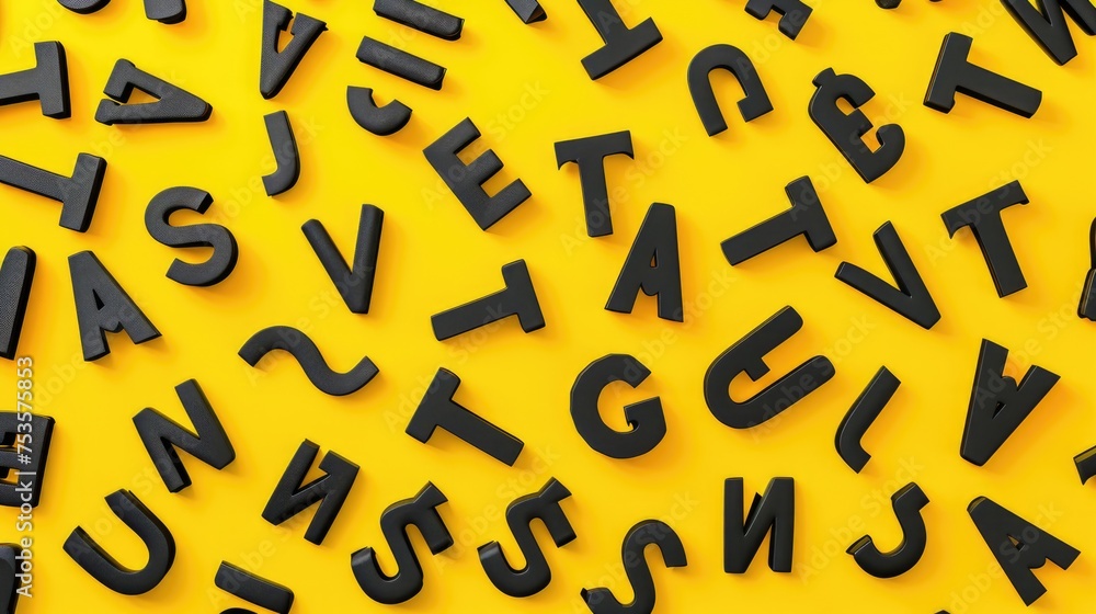 Overhead view of seamless letter pattern on yellow background Overhead view of seamless letter pattern on yellow background