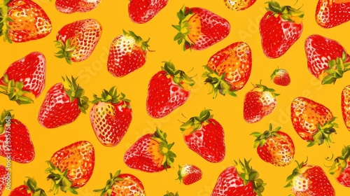 Fresh strawberry, pattern with fruits, natural texture with fruit on yellow background