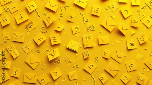 Overhead view of seamless letter pattern on yellow background