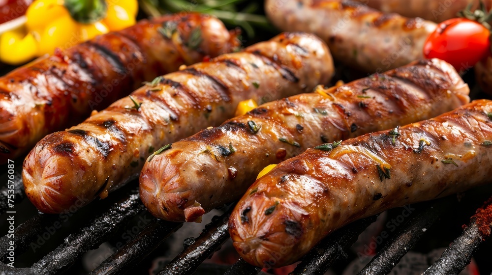 Delicious bbq dinner with grilled sausages and ingredients on table in realistic style