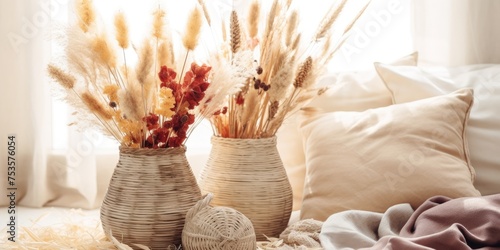 Autumn hygge decor with dried flowers in wicker baskets. Cozy Scandinavian interior, bohemian-style bedroom with rustic vase of dry plants.