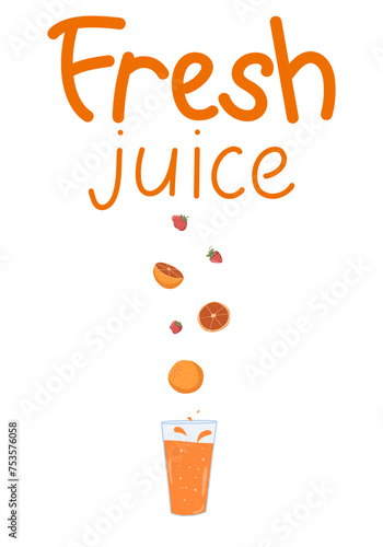 Fresh juice lettering. Orange and strawberry smoothie. Vector hand drawn design. Falling fruits.