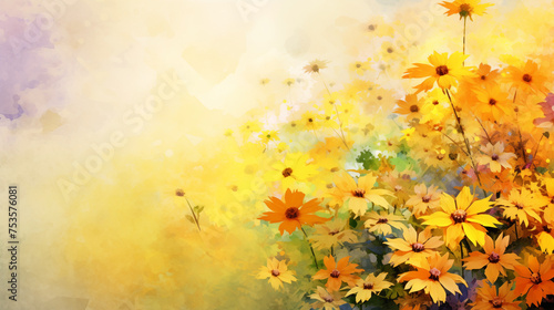 Watercolor background with golden wildflowers illuminating a dreamy landscape