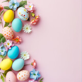 Colorful Easter eggs decorated with different patterns, surrounded by fresh spring flowers, presented on a delicate pink canvas
