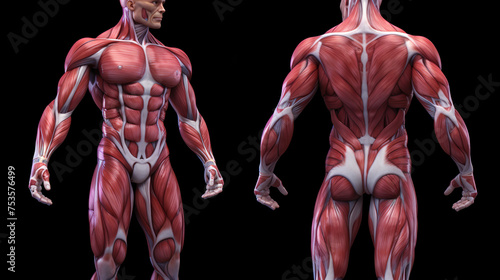 Anatomy of the male muscular system - back and front view