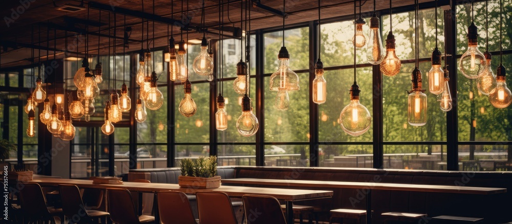 Cafe Interior Decorated with Hanging Light Bulbs