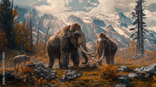 Woolly mammoth, prehistoric animal in frozen ice age landscape