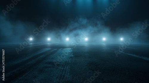 A dark empty street, dark blue background, an empty dark scene, neon light, spotlights The asphalt floor and studio room with smoke float up the interior texture. night view