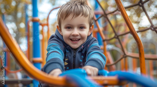 Joyful boy enjoying playground equipment vibrant park setting essence of childhood play