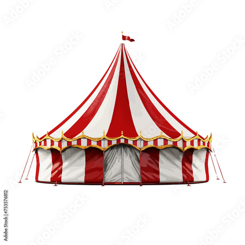 A large red and white circus tent with a red and white flag on top. Vector illustration