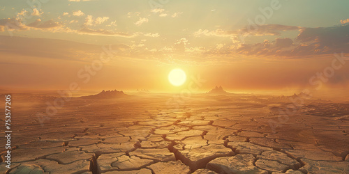 Drought Landscape: Cracked Earth and Parched Fields Underneath the Unforgiving Sun, Illustrating the Dire Consequences of Global Warming on Agriculture