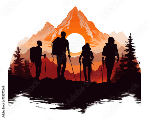 A group of four people are hiking up a mountain. Vector illustration