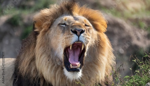 Close-up of the muzzle of a yawning lion.