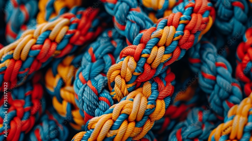 Strong diverse team unity and partnership concept with colorful rope integration on background