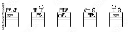 Nightstand vector set. Home interior vector. A bedside table with books, a clock, a lamp. An element of the interior of the room. Bookshelf. Bedside table.