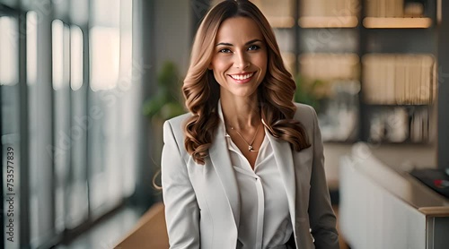 Smiling elegant confident young professional business woman , female proud leader, smart businesswoman lawyer or company manager executive standing in office photo