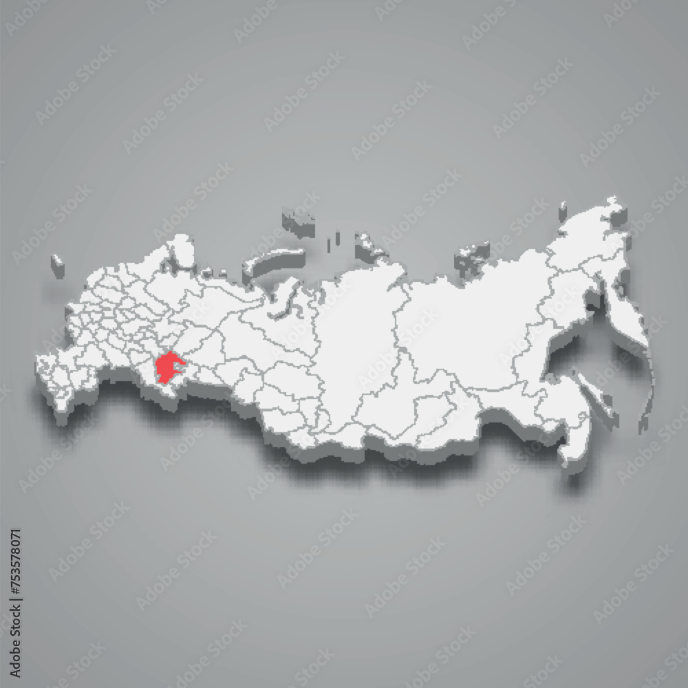 Bashkortostan region location within Russia 3d map