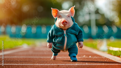 A pig wearing a sports track suit and one sport shoe, stands on the stadium jogging track