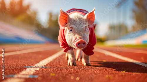 A pig wearing a sports track suit and stands on the stadium jogging track, healthy lifestyle concept.