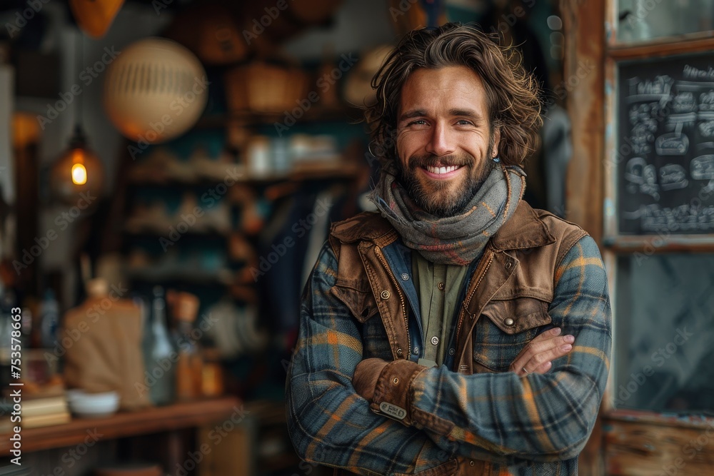 Confident and casual man smiling warmly inside a rustic coffee shop
