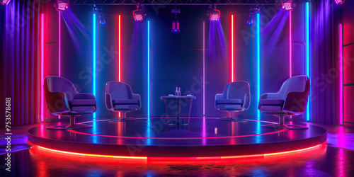 Studio Ambiance: Empty Game Show Talk Show Set With Stage Lights, Chairs, and a Table