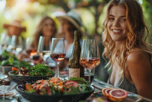 Vivacious young woman enjoying a meal with friends and wine at a lively table