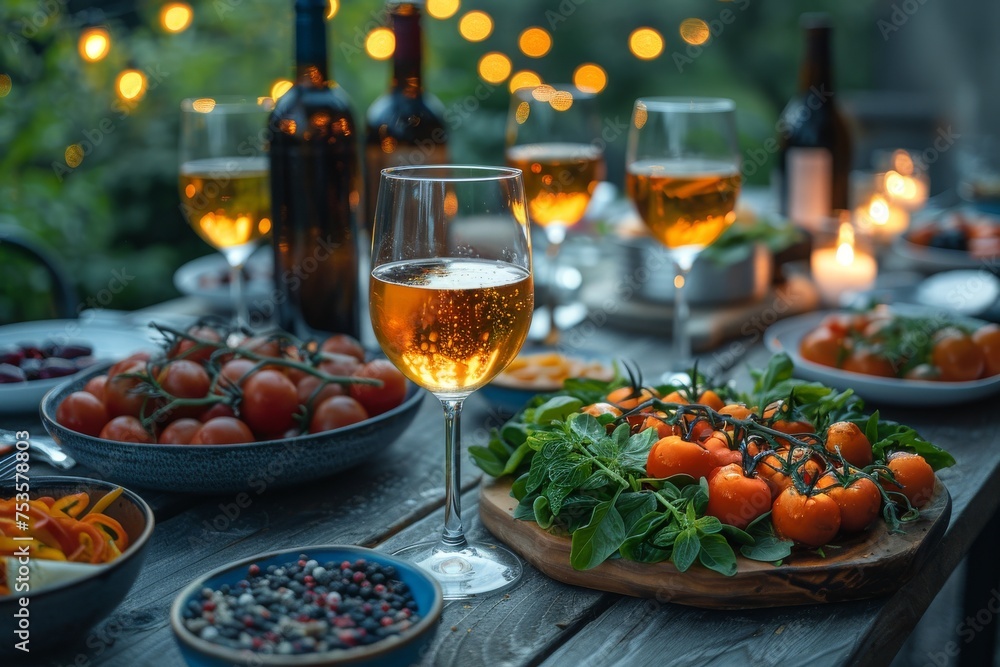 A beautiful outdoor dinner table laden with wine and fresh salad illuminated by warm fairy lights