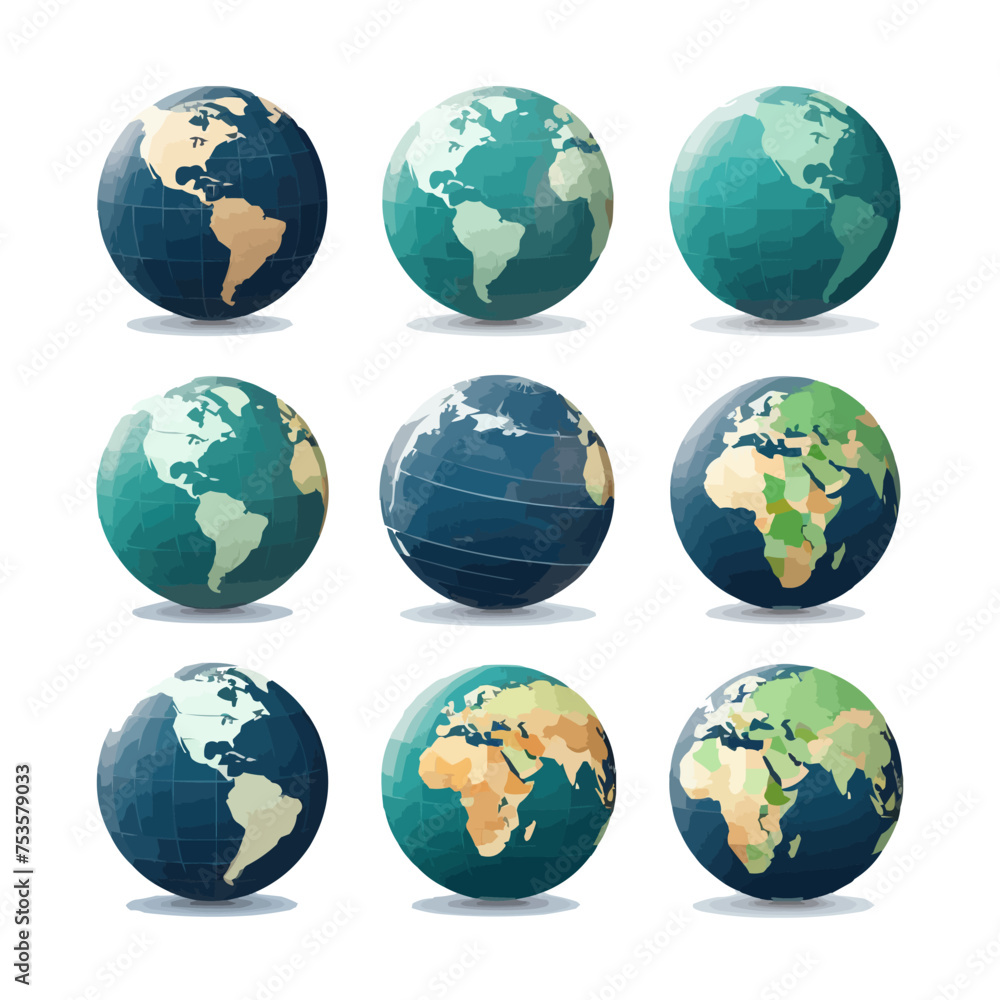 A set of nine different colored globes, each with a different color and size. Vector illustration