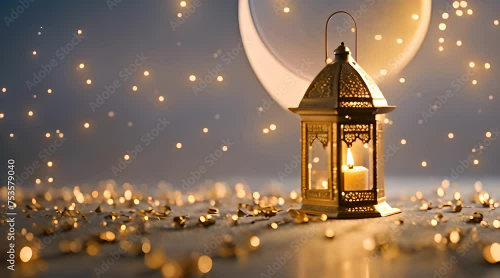 ramadan lantern with candle in a day light lighting and gold crescent moon, with diamond in a light background colors ramadan lantern with candle in a day light lighting and gold crescent moon, with diamond in a light background colors