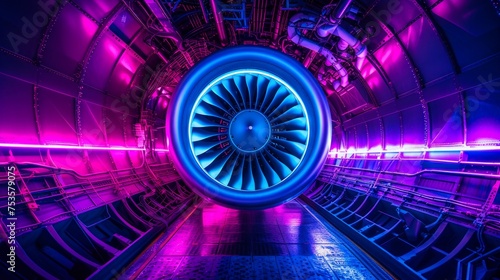 Complex aircraft jet engine, featuring vibrant pink and blue hues cast a glow on the showcasing advanced turbine blades and propulsion technology—ideal for themes of innovation, speed, and aerospace.