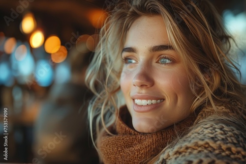 A smiling young woman wearing a warm knit scarf feels joy in a cozy, warmly lit interior setting