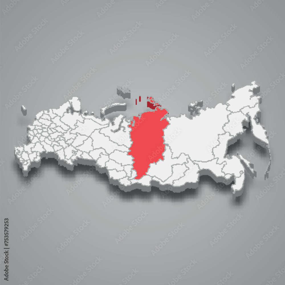 Fototapeta premium Krasnoyarsk region location within Russia 3d map