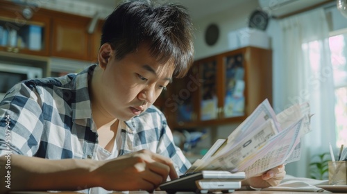 Asian man using calculator to calculate expenses while holding family bills at his home.